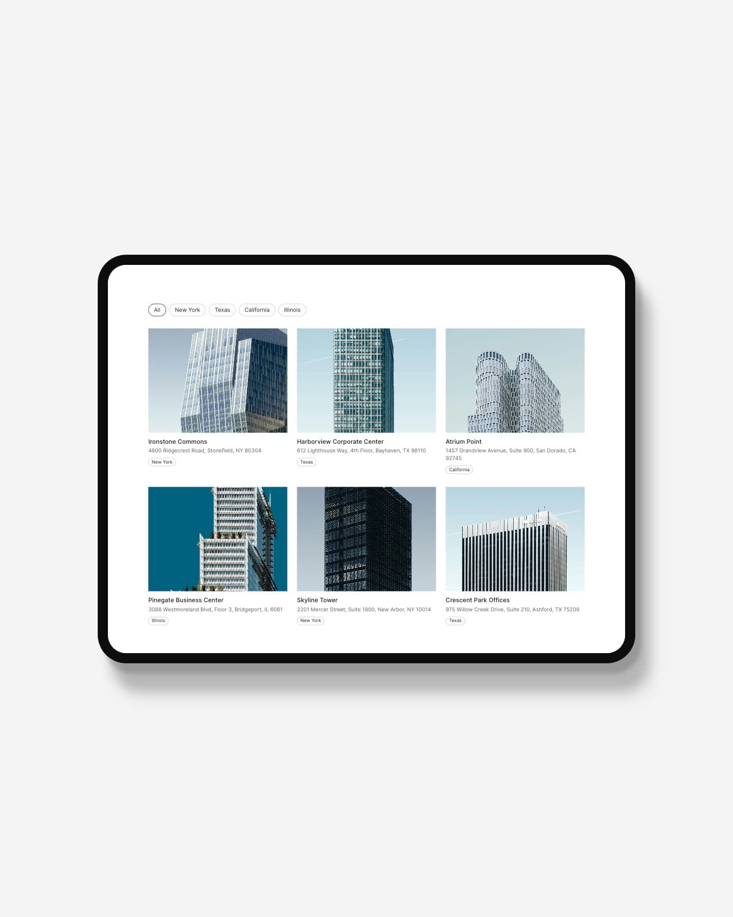 Portfolio Filter plugin for Squarespace — inline filter bar in light mode, shown on an iPad mockup