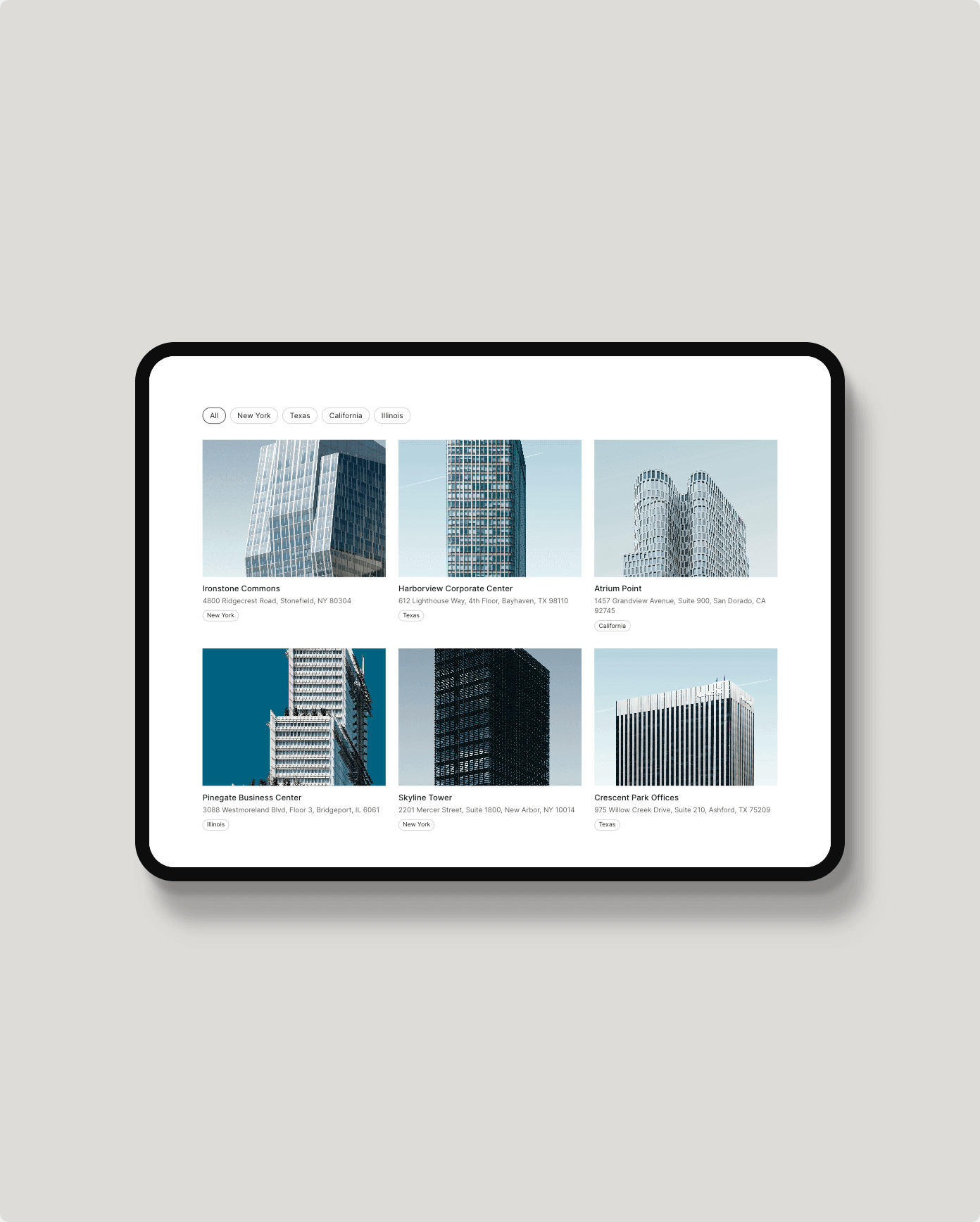 Portfolio Filter plugin for Squarespace — inline filter bar in light mode, shown on an iPad mockup