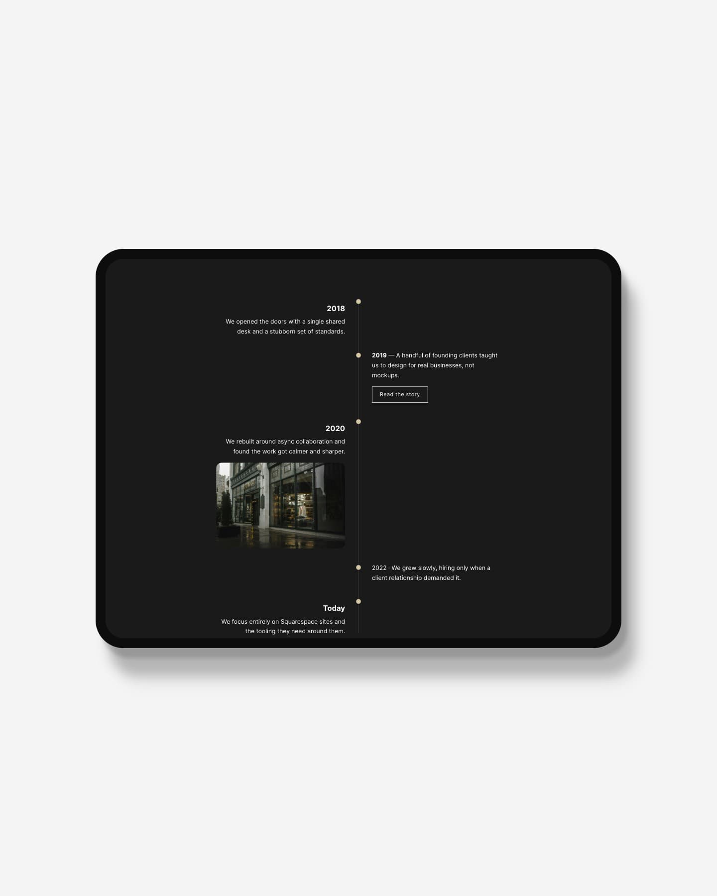 Vertical Timeline plugin for Squarespace — alternating layout in dark mode, shown on an iPad mockup