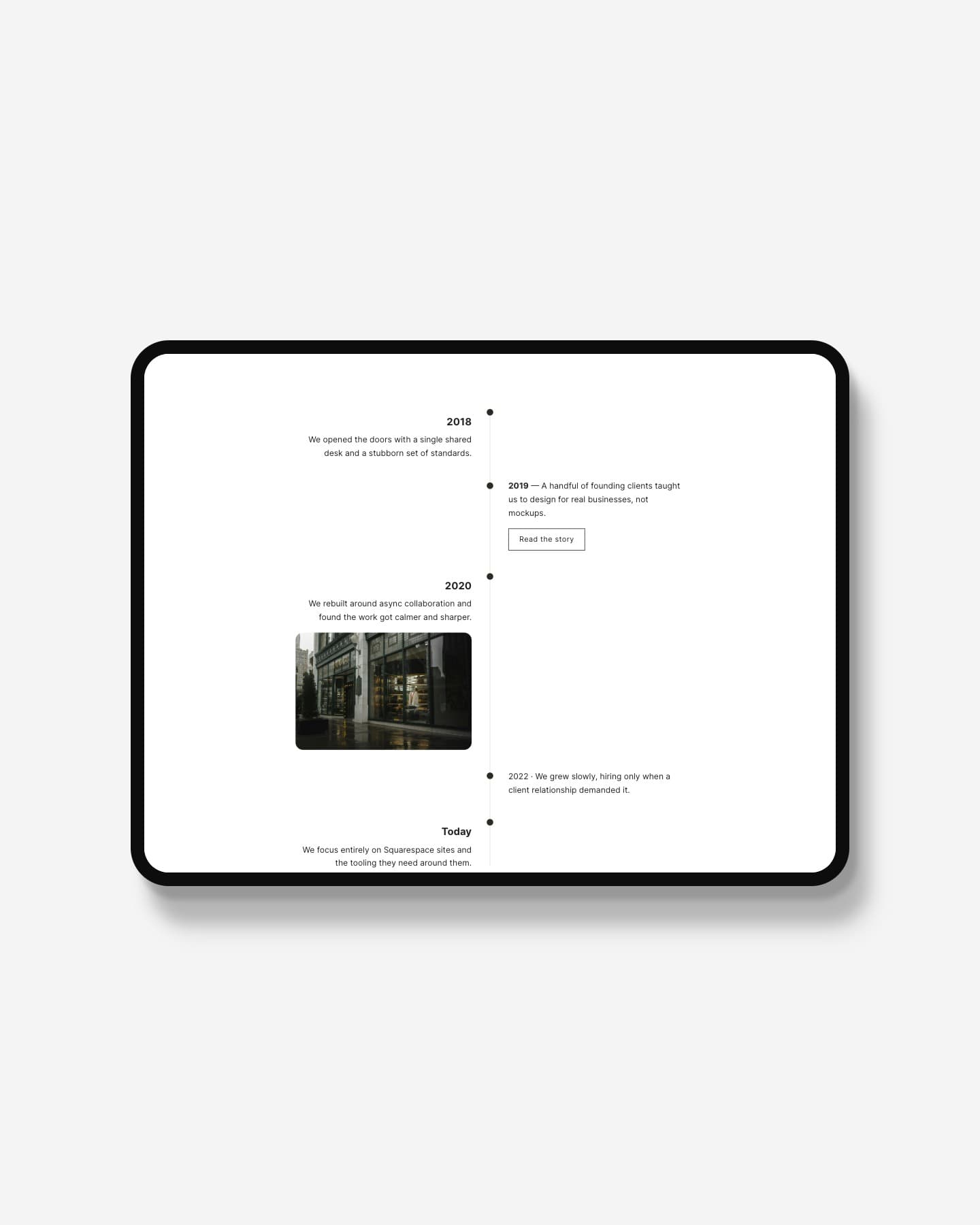 Vertical Timeline plugin for Squarespace — alternating layout in light mode, shown on an iPad mockup