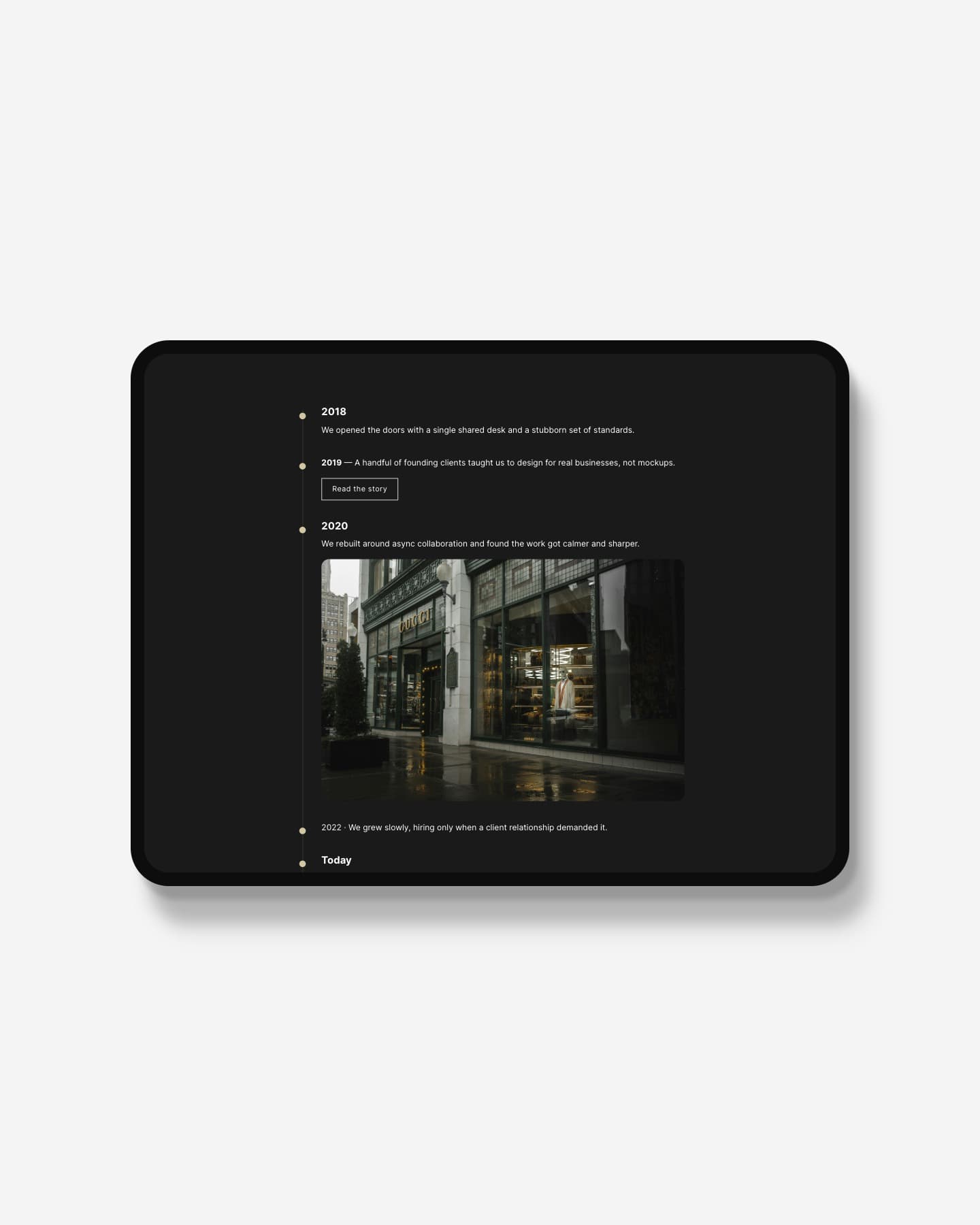 Vertical Timeline plugin for Squarespace — classic rail layout in dark mode, shown on an iPad mockup
