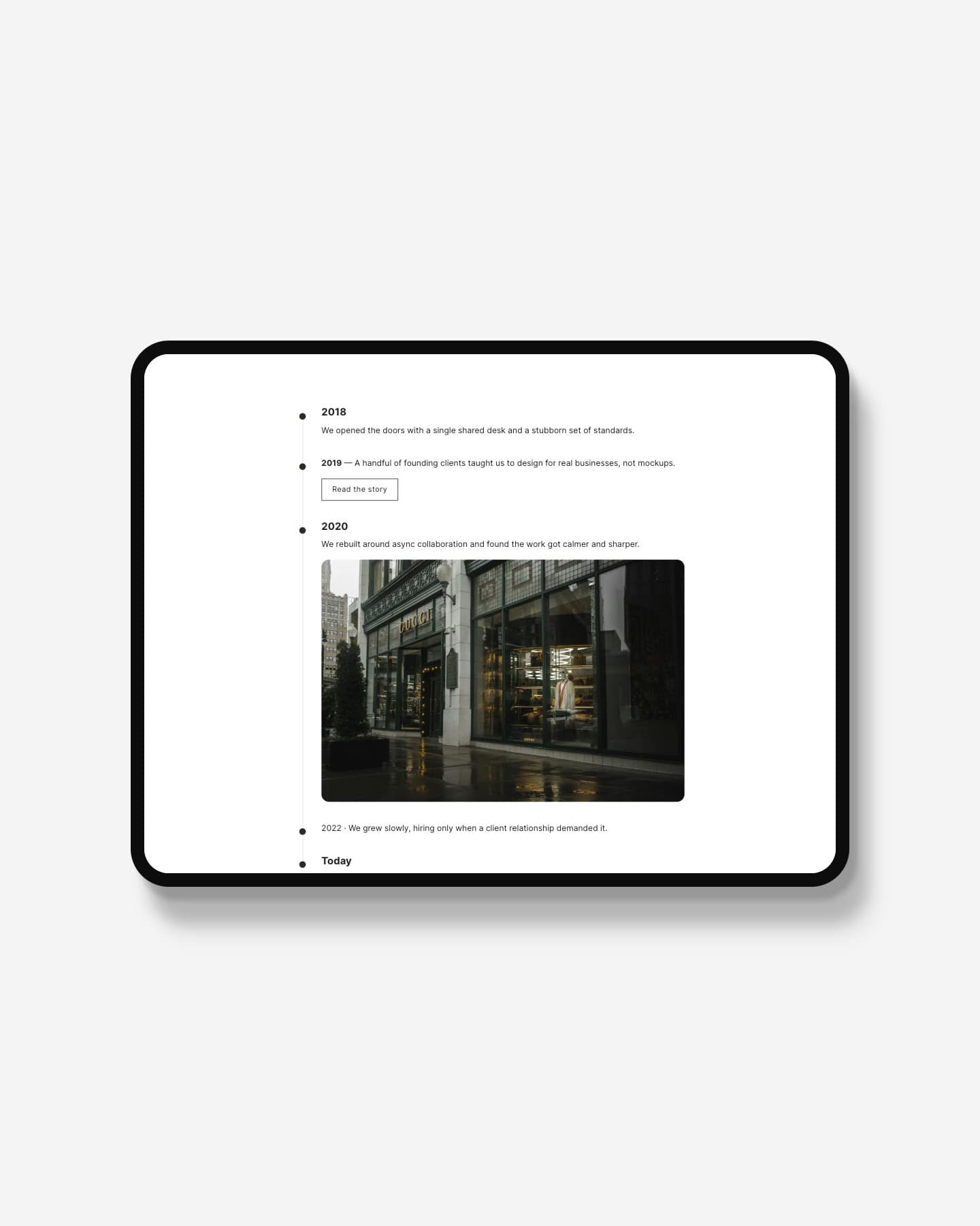Vertical Timeline plugin for Squarespace — classic rail layout in light mode, shown on an iPad mockup