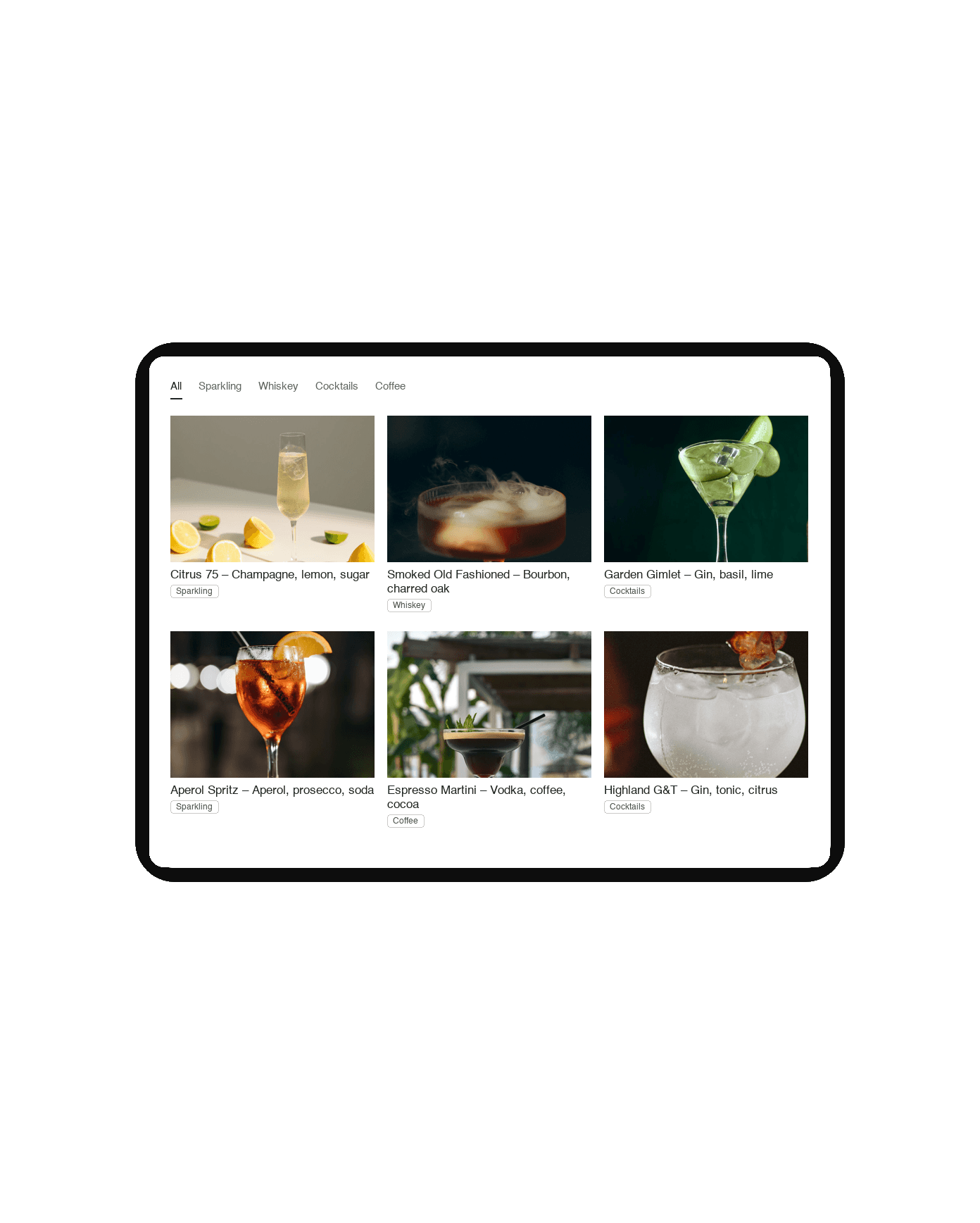 Portfolio Filter plugin for Squarespace – underline tab filter over a cocktail-bar menu in light mode, shown on an iPad mockup