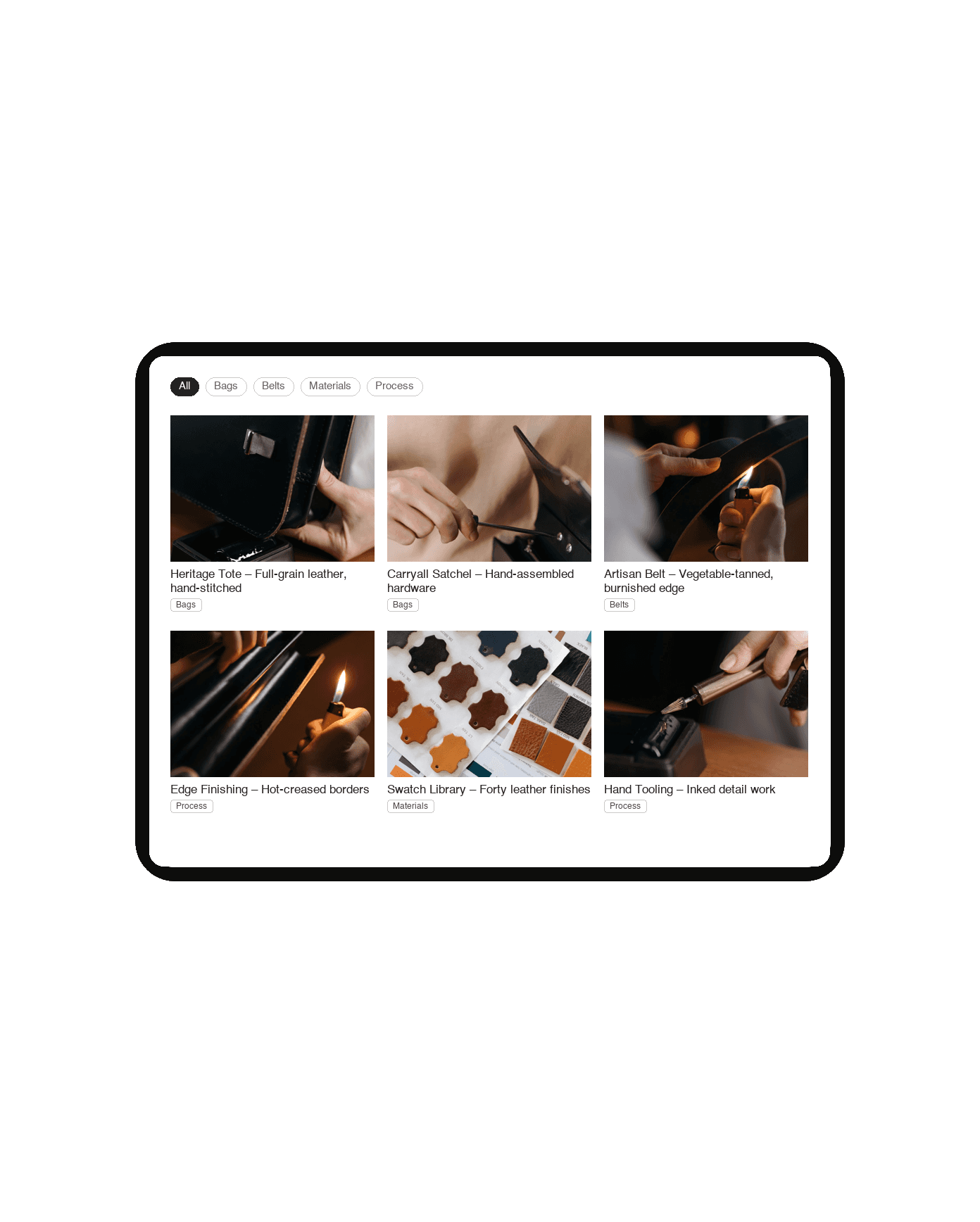 Portfolio Filter plugin for Squarespace – button filter bar over a leather-goods portfolio in light mode, shown on an iPad mockup
