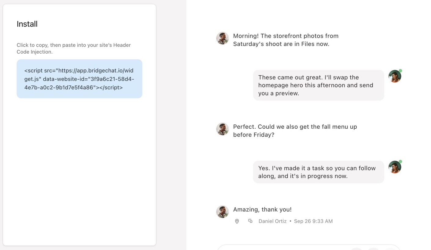Adding chat to Squarespace: the Squarepaste Code to paste into Header Code Injection, beside the client conversation it switches on
