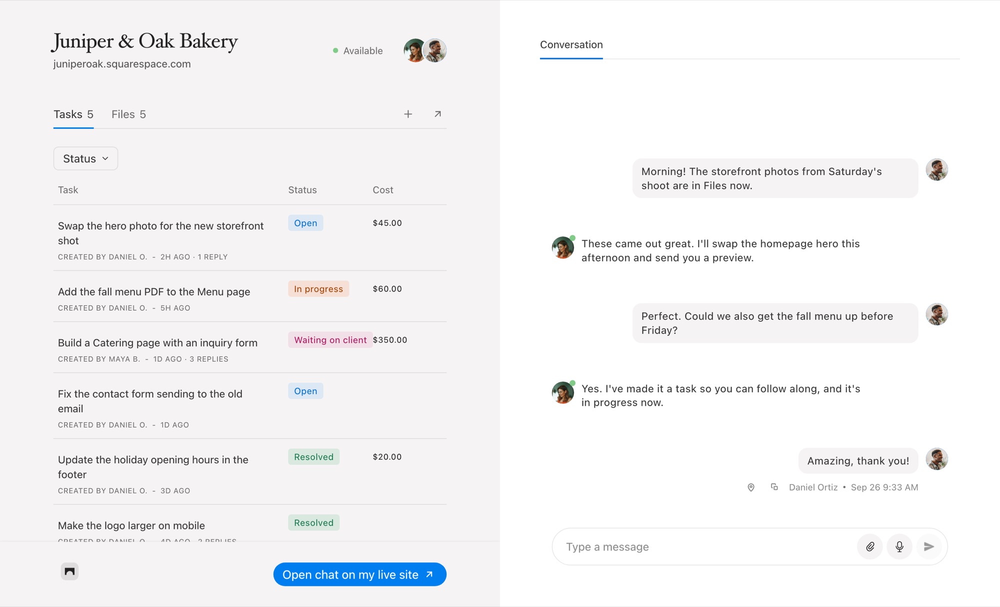 A Squarepaste project's chat page with the task list, statuses and costs on the left and the client conversation on the right