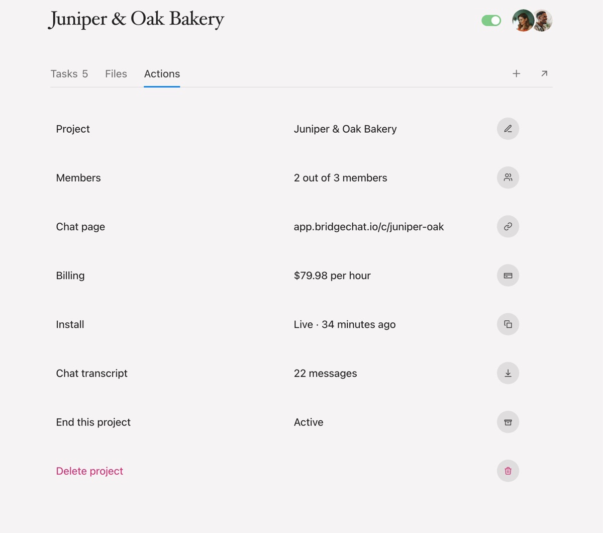 A client CRM for Squarespace sites: a Squarepaste project with its members, chat page link, hourly billing rate and chat transcript