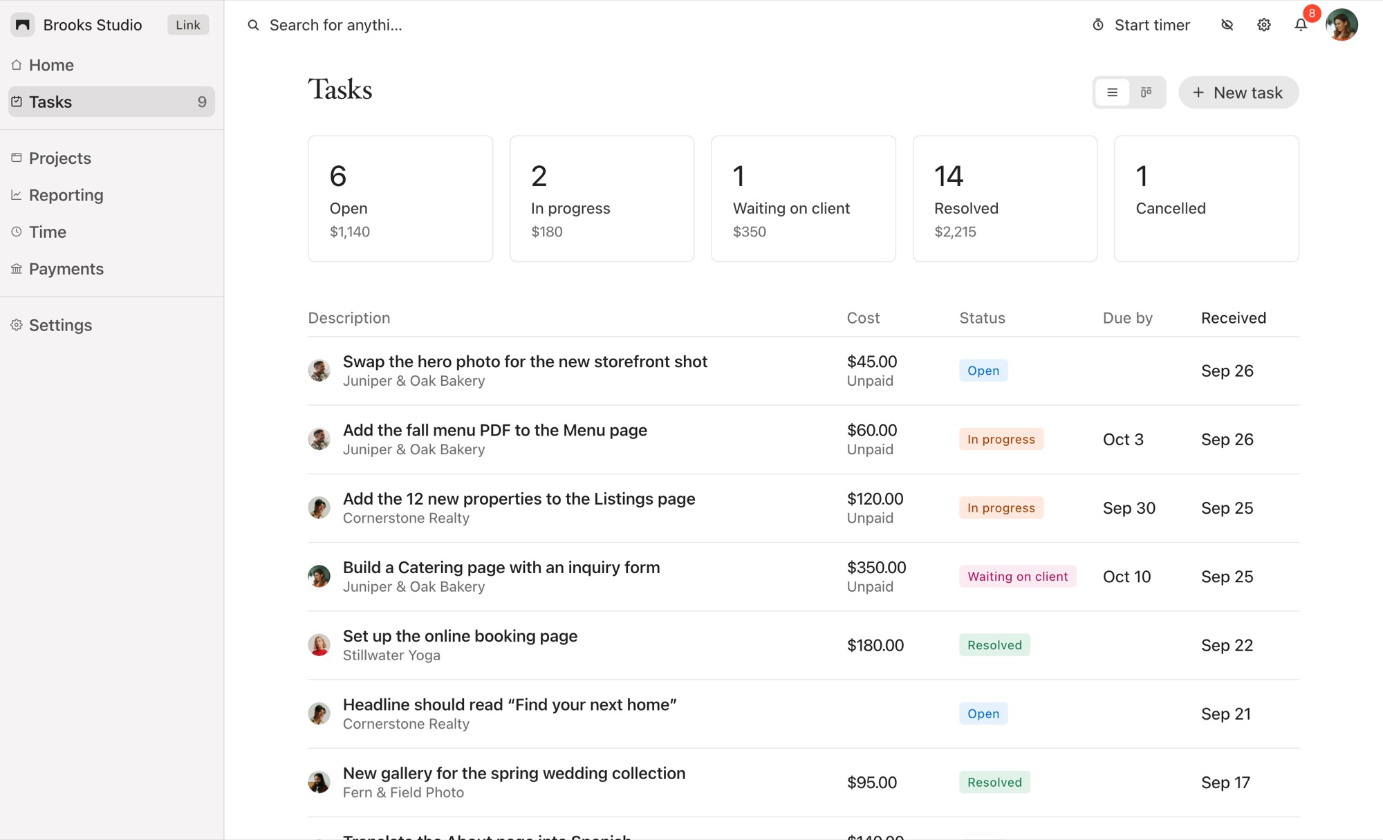 Squarepaste’s task list for Squarespace client work, with each task’s status and cost