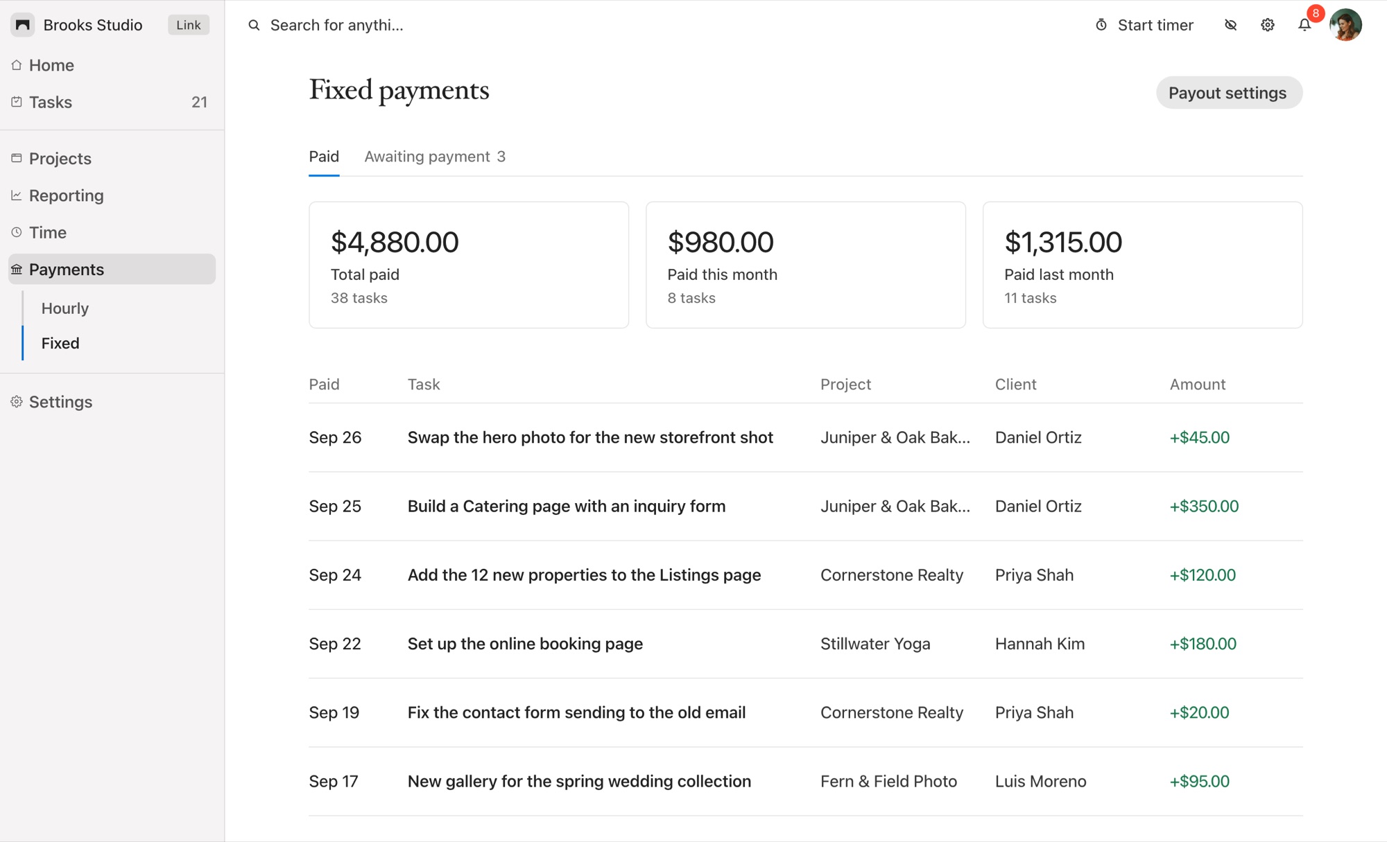 Web designer payments dashboard in Squarepaste, listing paid website change requests by project and client with monthly totals