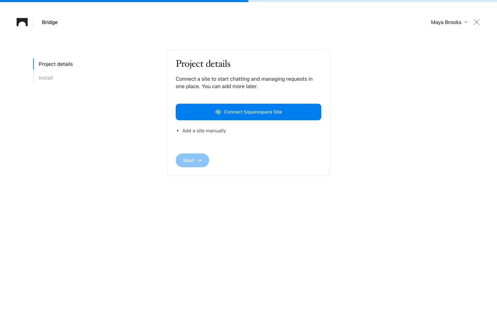 Squarepaste Add project page on the Project details step, with the Connect Squarespace Site button and Add a site manually open showing the Website Name and Built-in Domain fields