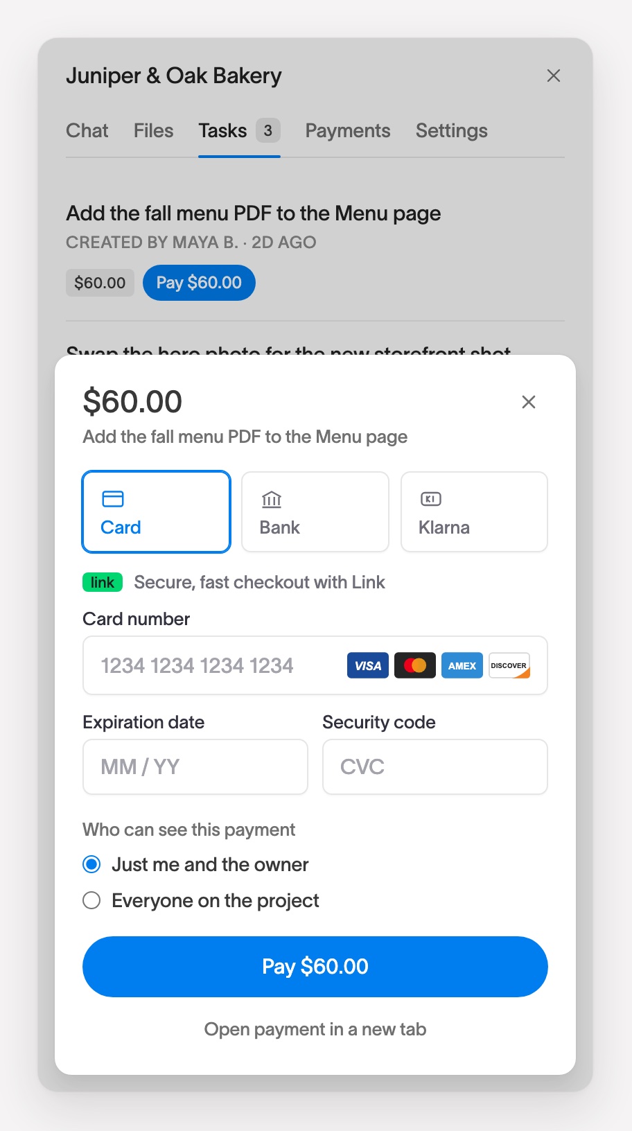 The Squarepaste widget with the payment form open over the Tasks tab: the amount and task, Card, Bank and Klarna options, card fields, the Who can see this payment choice, and a Pay button
