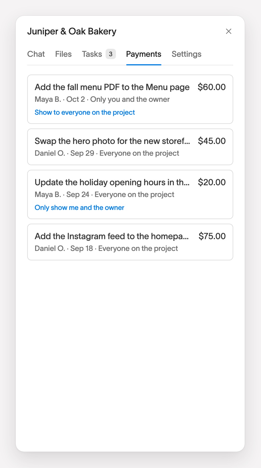 The Payments tab in the Squarepaste widget, listing each payment with its task, who paid, the date, who can see it and the amount
