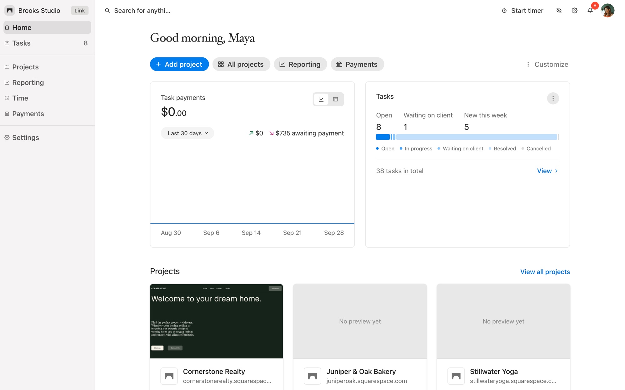 Squarepaste dashboard Home with the sidebar, a Good morning greeting, the Add project button, the Task payments chart, the Tasks card and project cards