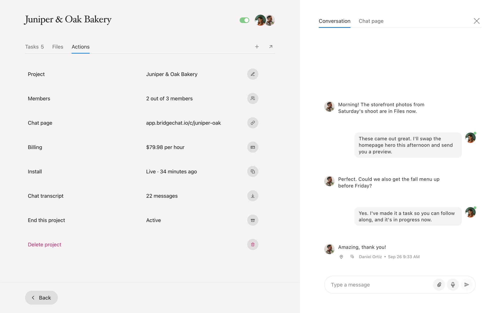 Squarepaste project page with the Actions tab open listing Project, Members, Chat page, Billing, Install, Chat transcript, End this project and Delete project, and the conversation on the right