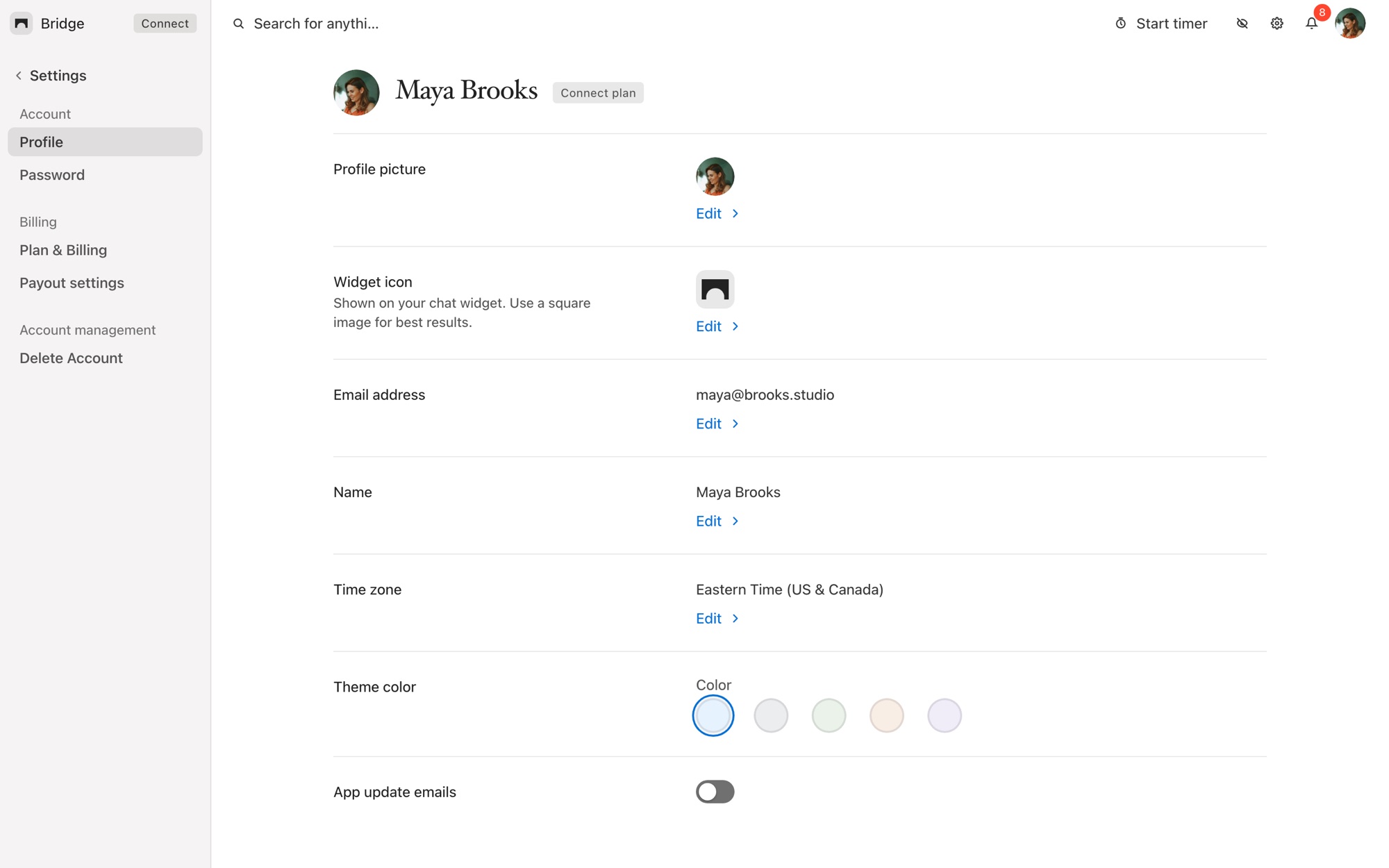 Squarepaste Settings Profile page with your profile photo, widget icon, name, email and app update emails settings