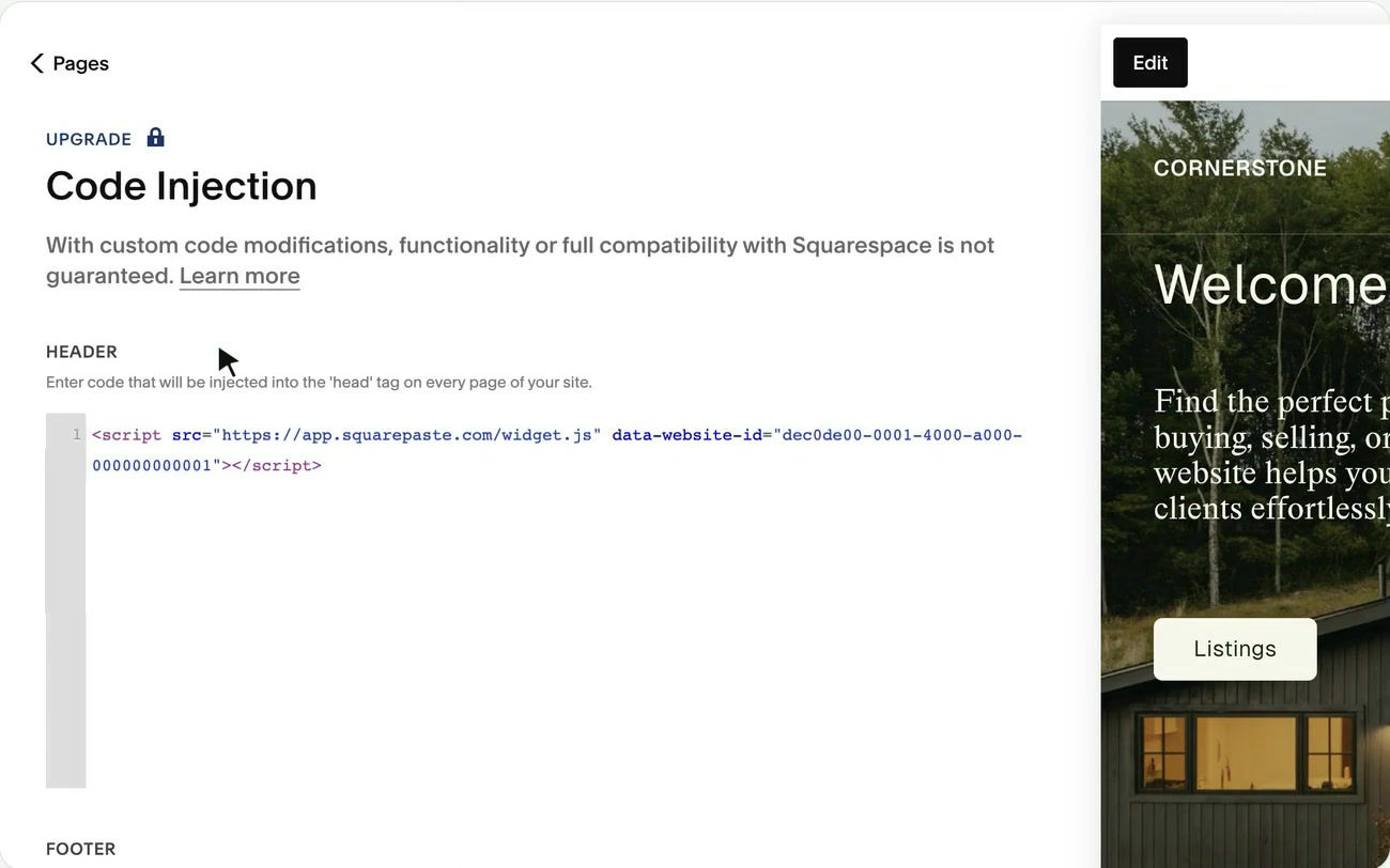 Squarespace Code Injection page with the Squarepaste widget script tag pasted into the Header box