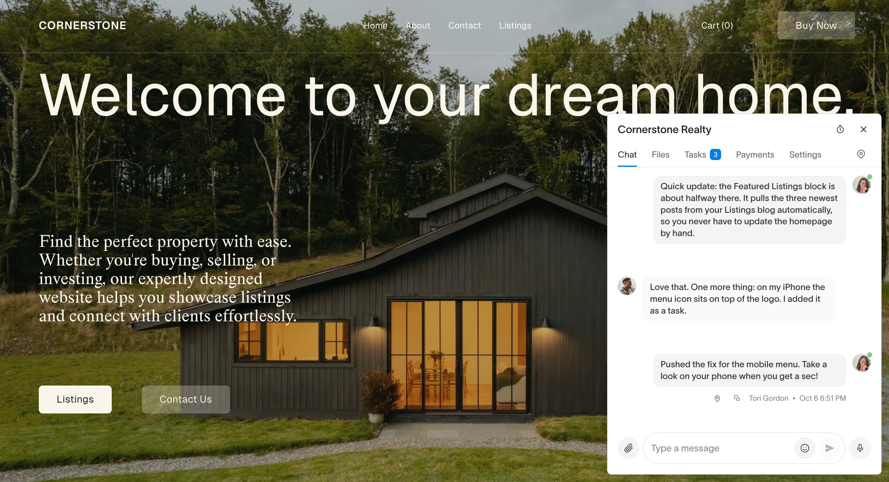 Squarespace chat widget open over a real estate website in the Squarespace editor, with the Chat, Files, Tasks, Payments and Settings tabs and a conversation between the web designer and the client